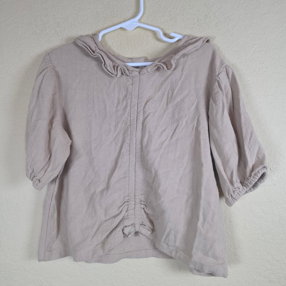 Zara Kids Tan Linen Blend Ruffle Collar Puff Sleeve Ruched minimalist 2-3Y 98cm